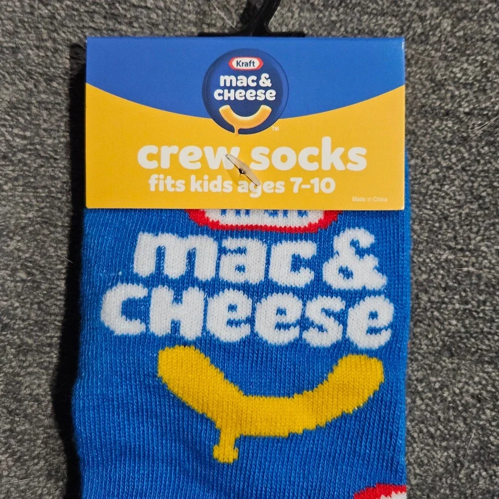 Kraft Mac & Cheese Kids Crew Socks Blue Yellow Noodle Logo Ages 7-10